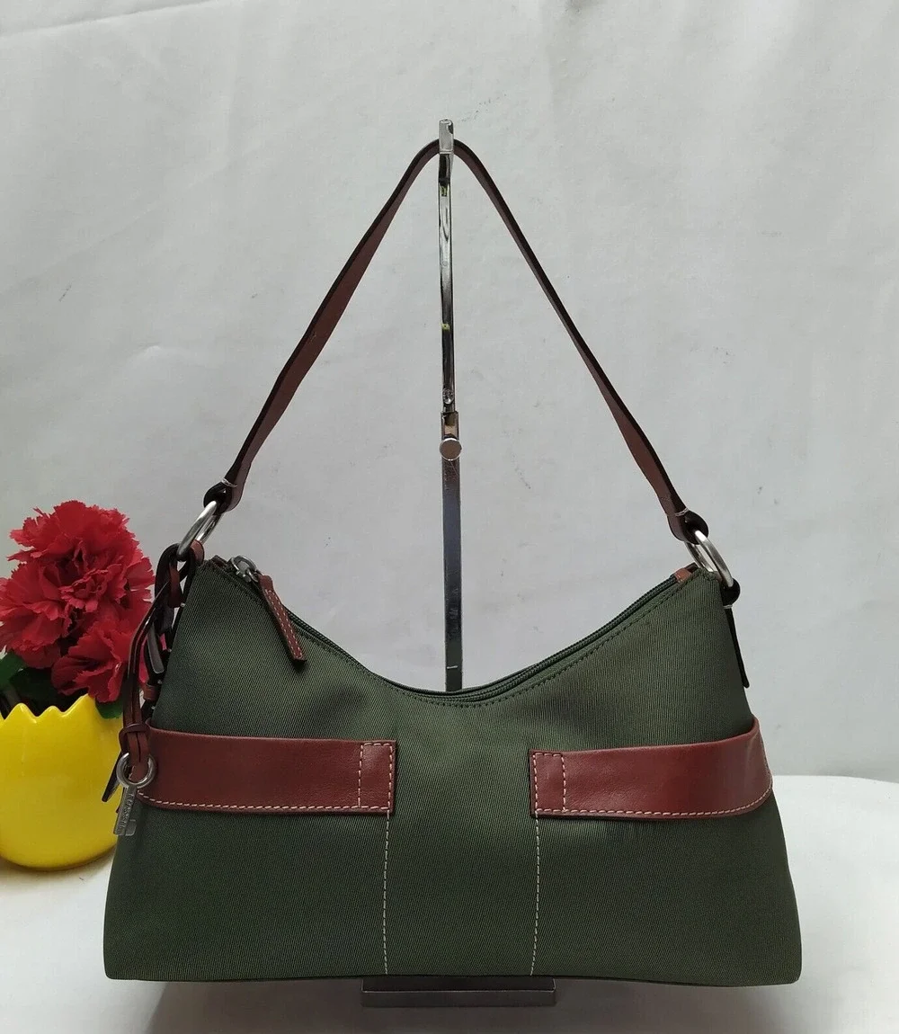 Fossil Oliver Green Nylon Leather Trim Zipper Closure Hobo Shoulder Bag